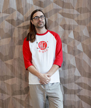 Load image into Gallery viewer, The Classic WMSE &quot;meatball&quot; Logo on a White and Red Baseball T-Shirt