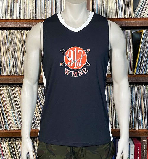 Black sleeveless shirt with red and white logo on a mannequin against a bookshelf background