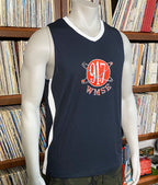 Black sleeveless shirt with red and white logo on a mannequin in front of a bookshelf.