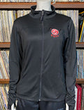 Black jacket with a red logo on a mannequin against a bookshelf background