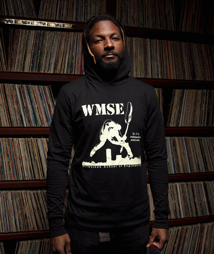 The Classic WMSE Guitar Smasher on a Black Long Sleeve Hooded T-Shirt