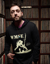 Load image into Gallery viewer, The Classic WMSE Guitar Smasher on a Black Long Sleeve Hooded T-Shirt