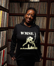 Load image into Gallery viewer, The Classic WMSE Guitar Smasher on a Black Long Sleeve Hooded T-Shirt