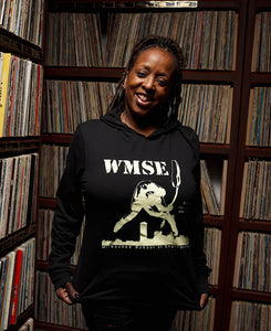 The Classic WMSE Guitar Smasher on a Black Long Sleeve Hooded T-Shirt